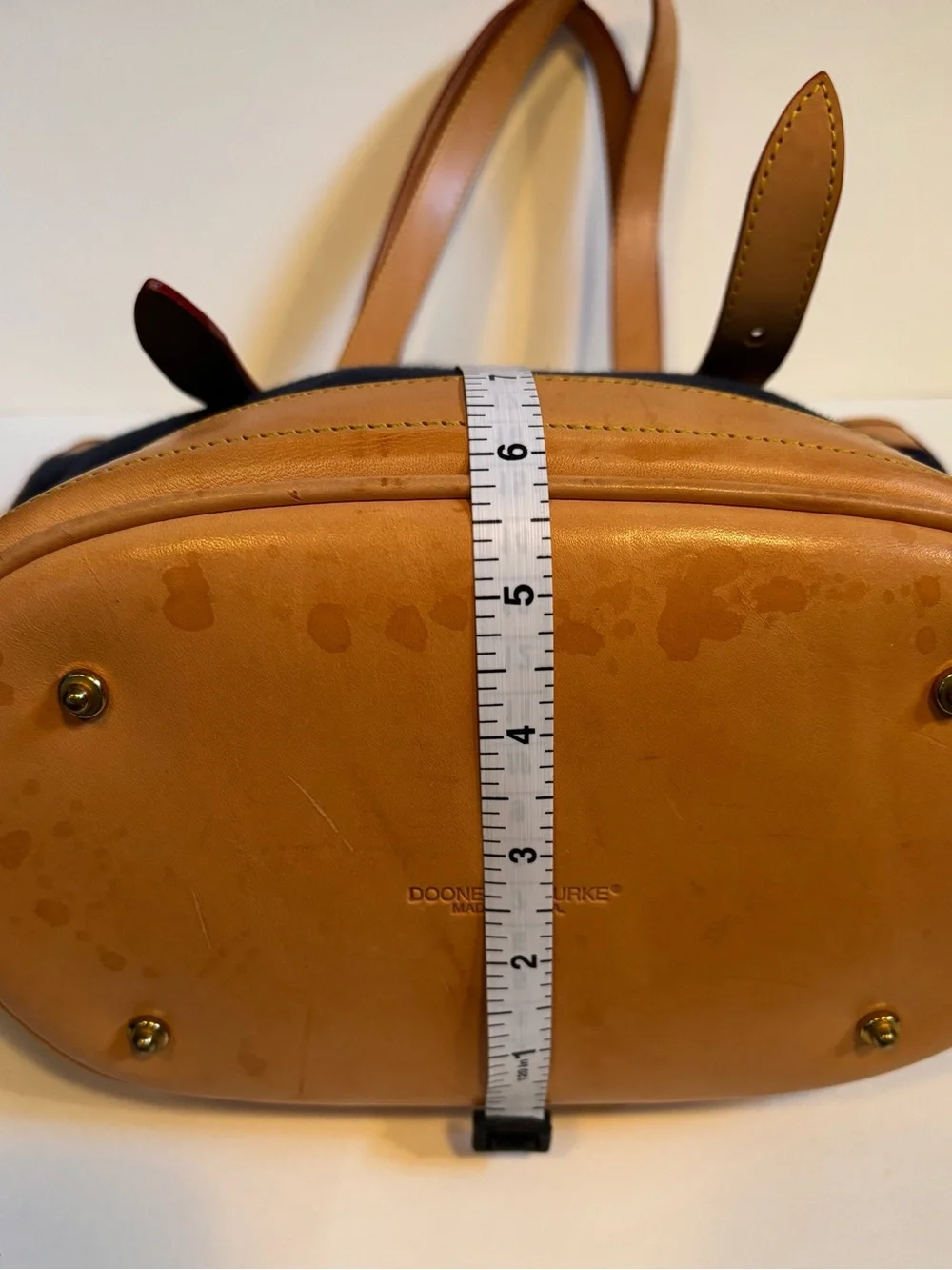 Dooney & Bourke Navy Canvas Cabriolet Bucket Bag Tote Tan Leather Trim